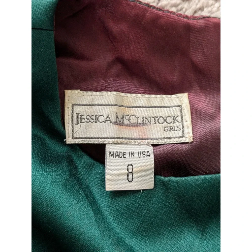 Vintage Jessica McClintock Girls Size 8 Emerald Satin Dress Accent Bows 80s 90s
